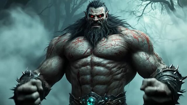 A fierce, muscular orc warrior with glowing red eyes in a dark forest.
