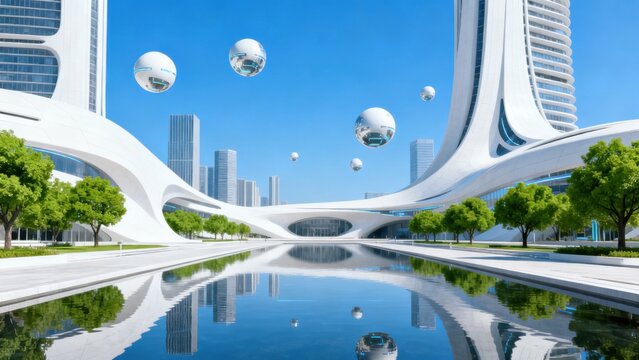 Futuristic cityscape with reflective water