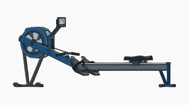 Rowing Machine: A modern blue rowing machine is depicted against a clean background, showcasing its sleek design and technological interface, ideal for fitness and sports content.