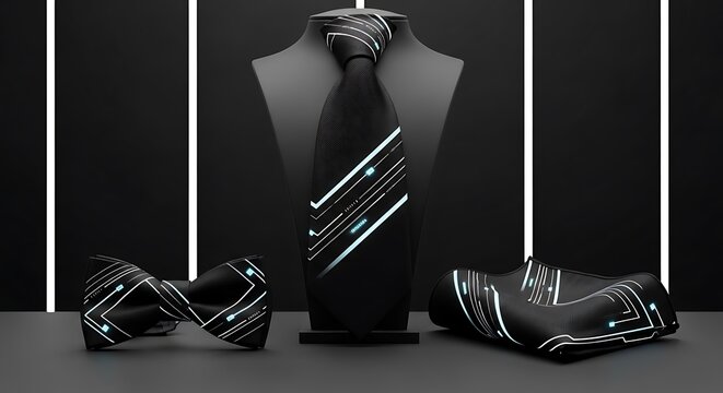 Black necktie and bowtie with glowing digital circuit patterns