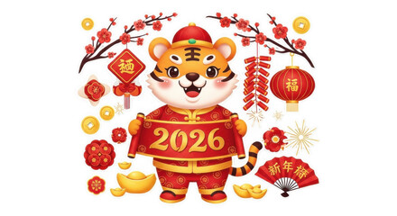 Fototapeta premium Cute tiger mascot wearing traditional red clothing holding a 2026 banner, surrounded by chinese new year decorations, lanterns, and gold coins
