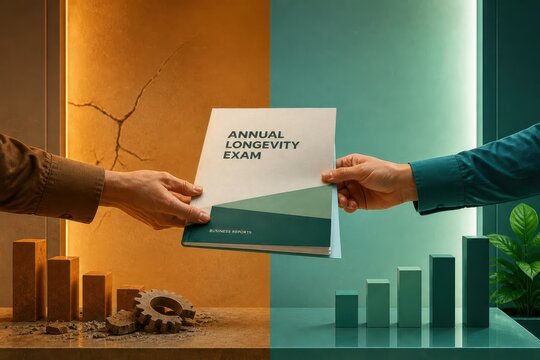 Business report handover with longevity concept and growth chart in split screen editorial composition