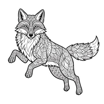 Intricate mandala style jumping fox line art