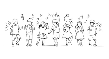 Fototapeta premium Joyful Kids Dancing with Music Notes - Hand-drawn Line Art