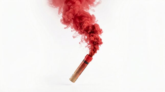 Vibrant Red Smoke Grenade Emitting Thick Clouds Isolated On A Pure White Background