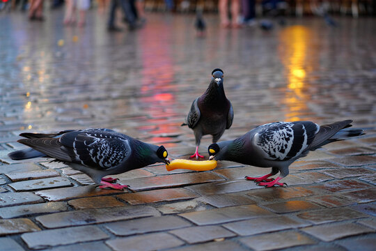 Three pigeons sharing a piece of food on a wet cobblestone city square