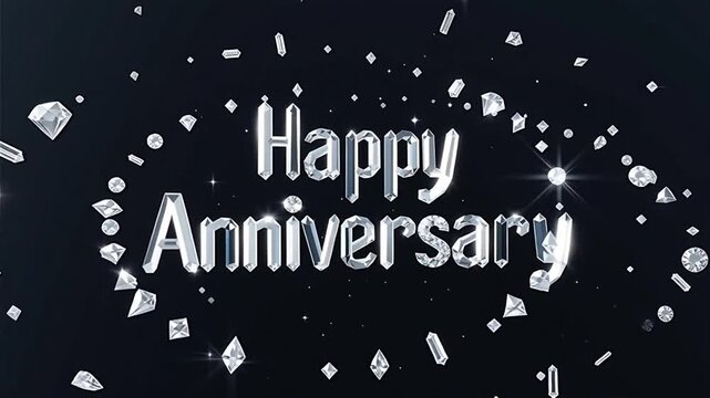 Happy anniversary silver text with luxury sparkling diamonds rotating on black background.