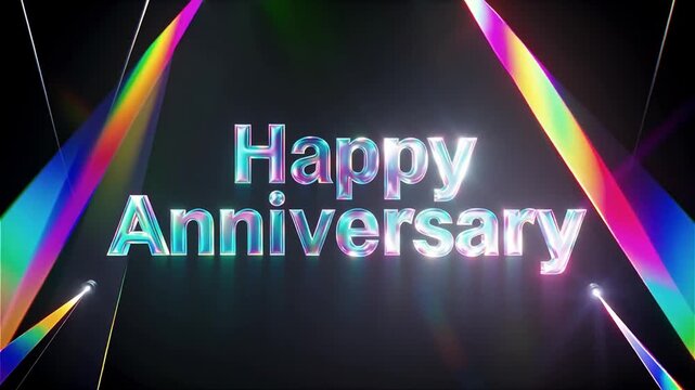 Happy anniversary chrome text motion with rainbow prism light effects and cinematic beams.