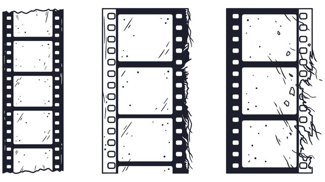 Vintage distressed film strips with worn edges and grunge texture set.