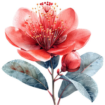 Calliandra Flower, illustration watercolor with dynamic strokes and balanced color harmony, isolated on a white background.