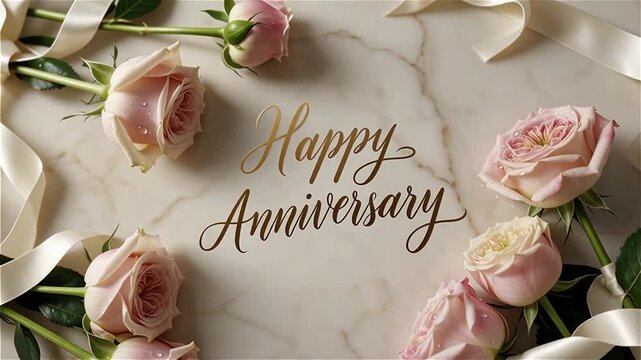 Anniversary greeting card with pink roses on marble surface featuring elegant calligraphy.
