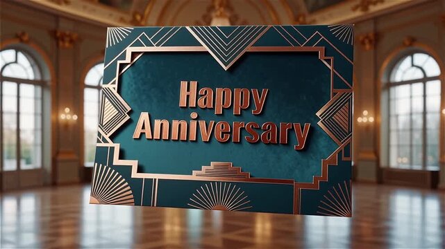 Elegant art deco happy anniversary card floating in grand ballroom dynamic motion.