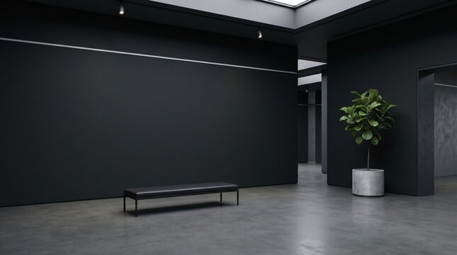 Minimalist Modern Art Gallery Interior With Dark Charcoal Walls Polished Concrete Floor Bench And Potted Plant