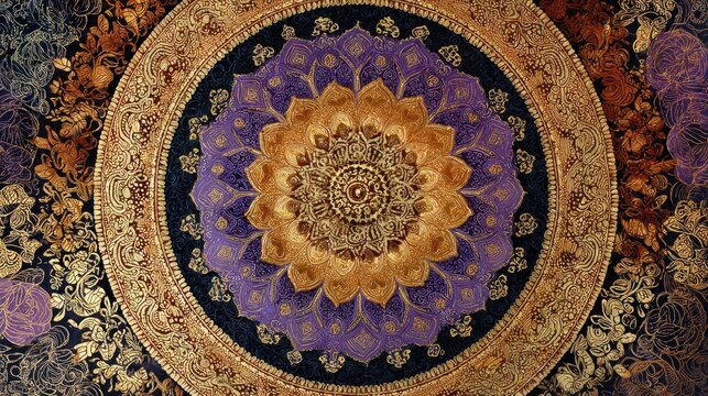 Ornate circular design with golden and purple patterns