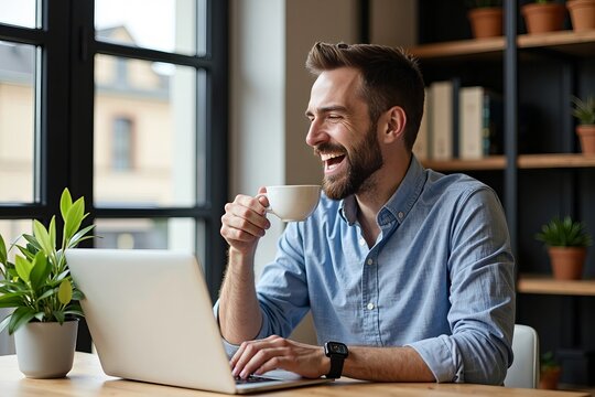 Man chuckling while sipping coffee, working on his laptop at desk