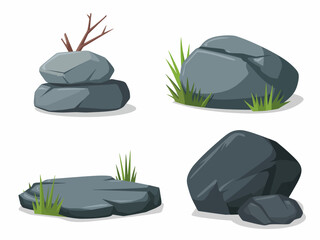 Collection of stylized grey rocks and green grass isolated white background stones © simplevector