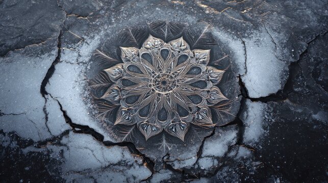 Ornate mandala etched into cracked earth