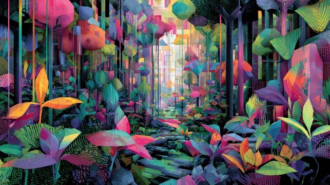 Vibrant, stylized forest path