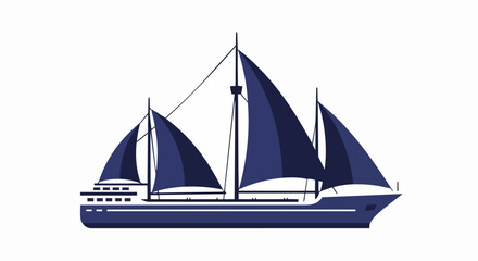 Fototapeta premium Stylized Navy Blue Sailing Ship Vector Illustration - Modern Nautical Vessel Icon on White Background