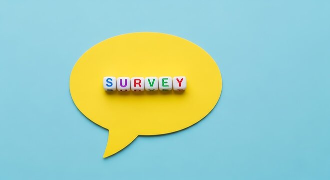 Survey word on colorful letter beads, yellow speech bubble on blue background, customer feedback and market research concept, opinion poll and data collection