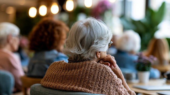 A European elderly women group viewed from behind sits softly in a bright nursing home engaging in calm conversation in soft daylight geriatric community faceless back view
