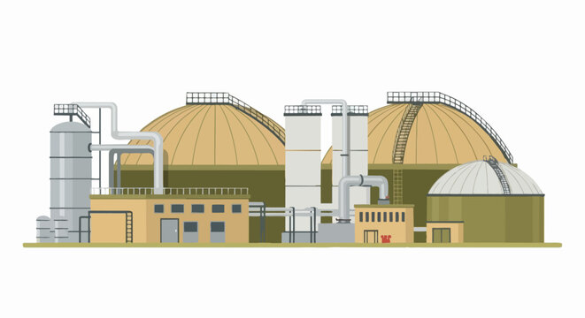 Modern Biogas Plant Vector Illustration - Sustainable Renewable Energy Facility and Bioenergy Production Station isolated on white background