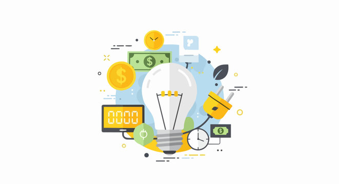 Energy Efficiency and Cost Saving Concept Illustration with Light Bulb, Money, and Clocks