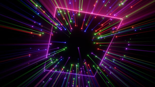 Neon Glowing Square Frame with Colorful Warp Speed Light Trails on Black Background