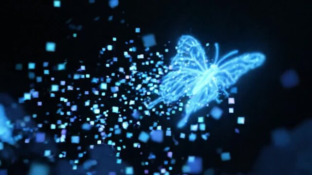 Glowing Blue Digital Butterfly Dissolving into Pixels, Tech Transformation Concept