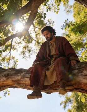 Cinematic shot of a man in ancient robes sitting high up on a thick leafy tree branch looking down with bright sky copy space