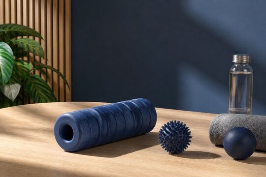 Foam roller and massage balls on wooden table with water bottle in modern wellness interior