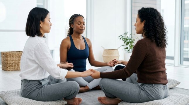 Three young women sit on a carpet and meditate. Photo.