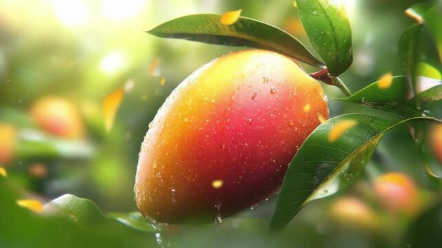 Vibrant mango in dewy orchard with sunlit leaves and water droplets