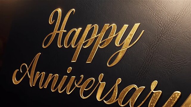 Golden happy anniversary text on black background with light effect luxurious design video.