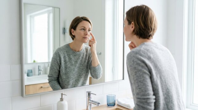 A young woman looks at her reflection in the mirror, her eyes. Eye disease. Photo.