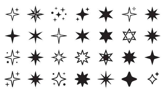 Set of black star icons and sparkle vector symbols for creative design collection featuring various geometric shapes and celestial elements isolated on a plain white