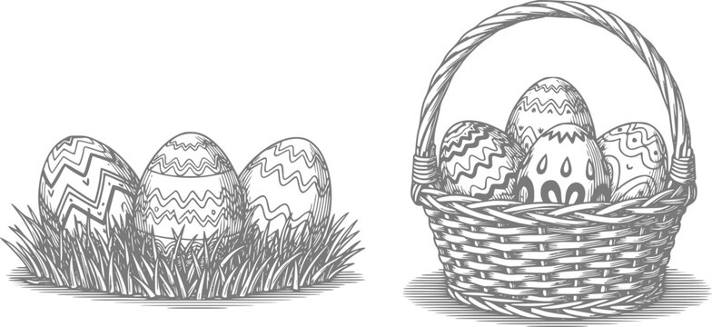 Of easter eggs in grass and a woven basket