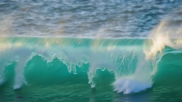 Powerful curling sea wave with emerald turquoise tones and sparkling foam particles, refreshing tropical ocean atmosphere