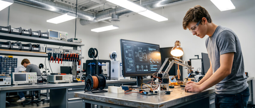 Focused young engineer working on a robotic arm in a modern tech lab.