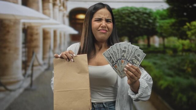 Young woman holding cash and paper bag, grimacing while fanning bills in front of building; frustration money doubt.