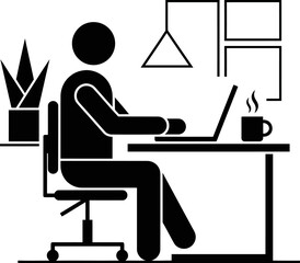 Fototapeta premium A minimalist black and white illustration of a person working remotely on a laptop at a desk in a home office setting