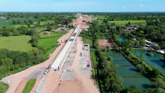 High angle aerial view of major High Speed Two railway line development and bulk earthworks in rural Warwickshire