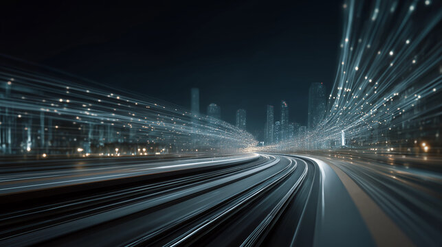 Urban Motion Blur: A futuristic city skyline is depicted through a long exposure, capturing the streaks of light from vehicles and urban activity, creating a sense of speed and dynamism.