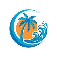 Obraz premium Tropical Beach Logo with Palm Trees and Ocean Wave Vector Illustration
