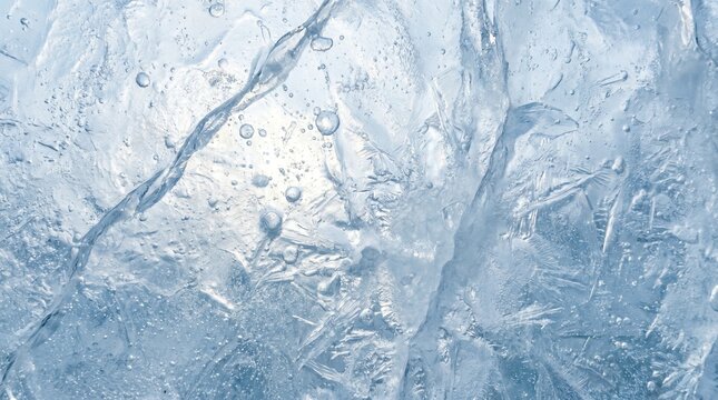 An abstract winter pattern of blue ice texture and frosty crystal formations on a cold glass window surface