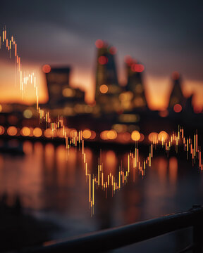 Financial District Dusk: A stock market graph overlays a blurred cityscape at dusk, reflecting the volatile nature of finance against the backdrop of a metropolis.