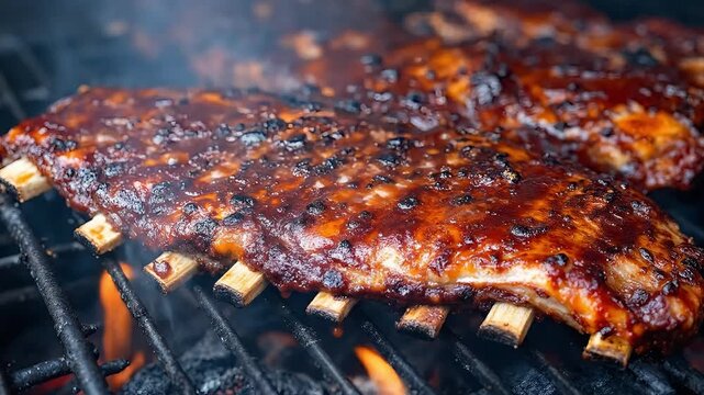 BBQ pork ribs cooking on a grill with smoke and flames
