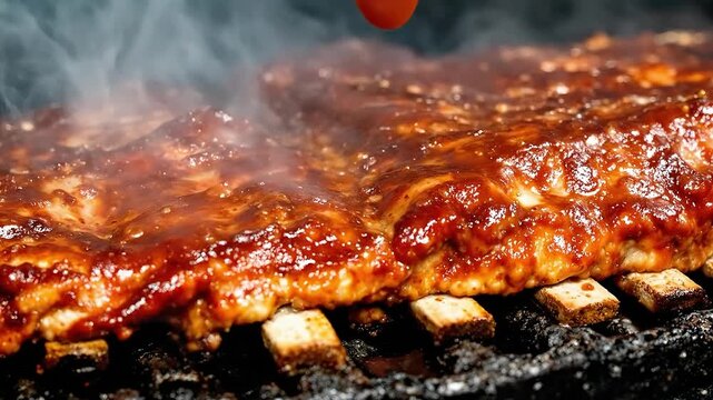 Close-up of juicy barbecue pork ribs cooking on a grill, with steam rising.