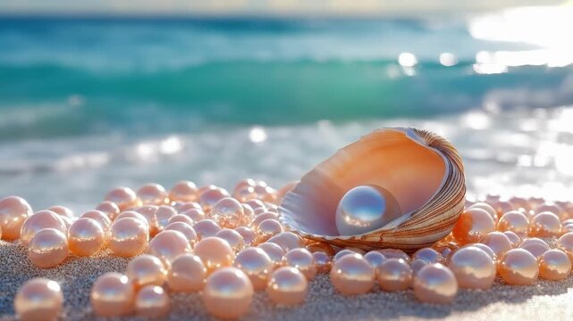 Open seashell with pearls on sunlit beach shoreline waves