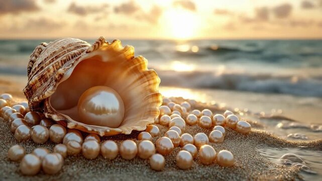 Sunlit seashell with pearls glittering on sandy shore at sunset